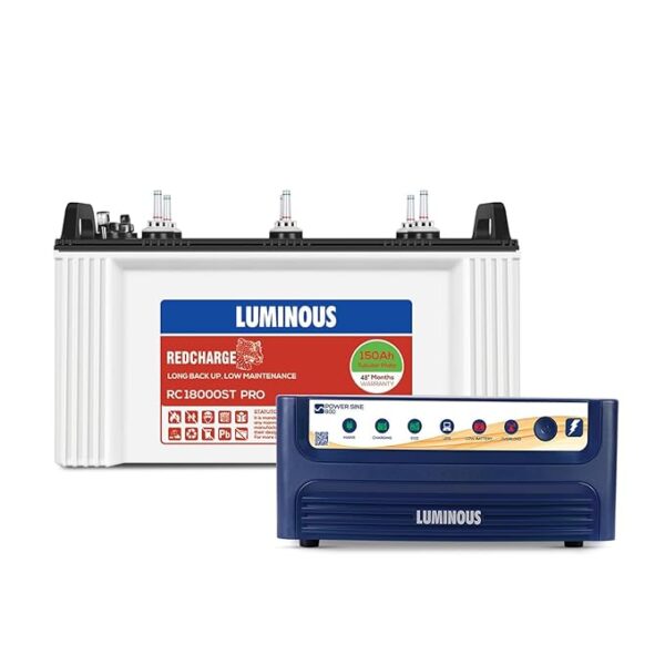 Luminous Inverter & Battery Combo for Home,Office & Shops|Power Sine 800 Pure Sine Wave 700VA/12V Inverter with RC18000ST PRO Short Tubular 150Ah Battery